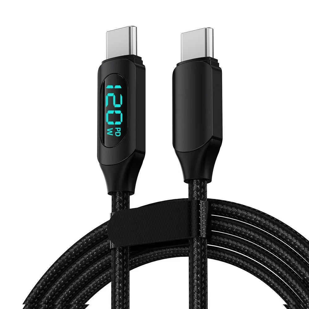 PD 120W Fast Charging Data Cable LED Digital Display USB C Nylon Braided Mobile Phone Charger Cord For iPhone 17 Samsung Xiaomi Qme Type C to C Black 2m