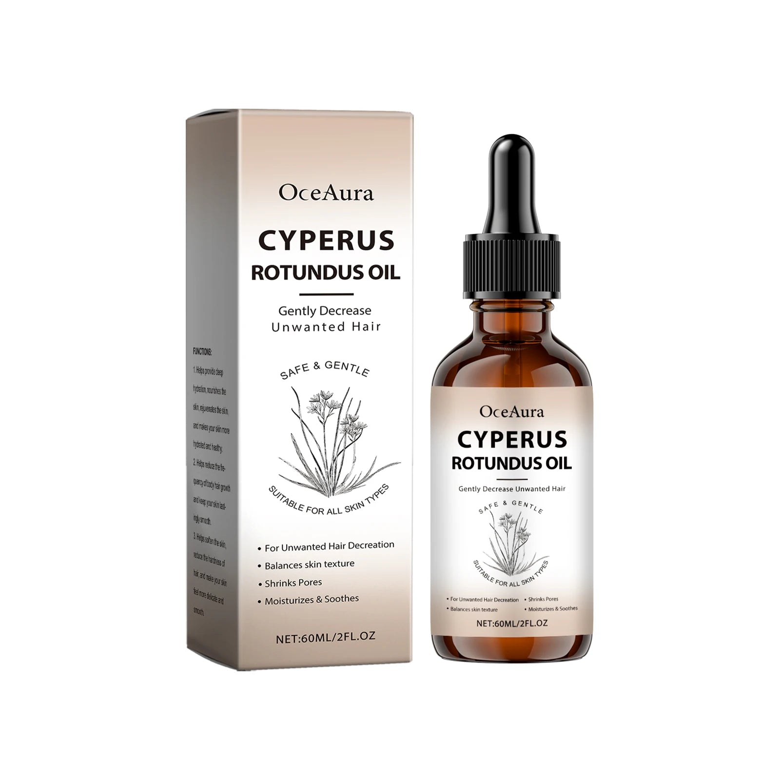 Pure Cyperus Rotundus Oil for Hair Removal Essence Reduce Armpit Arms Body Hair Inhibitor Shrink Pores Smooth Skin Care Serum Qme 60ml Boxed