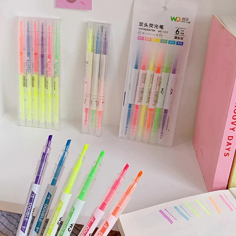3/6Pcs/Set Double Head Fluorescent Highlighter Pen Markers Pastel Drawing Pen for Student School Office Supplies Cute Stationery Qme