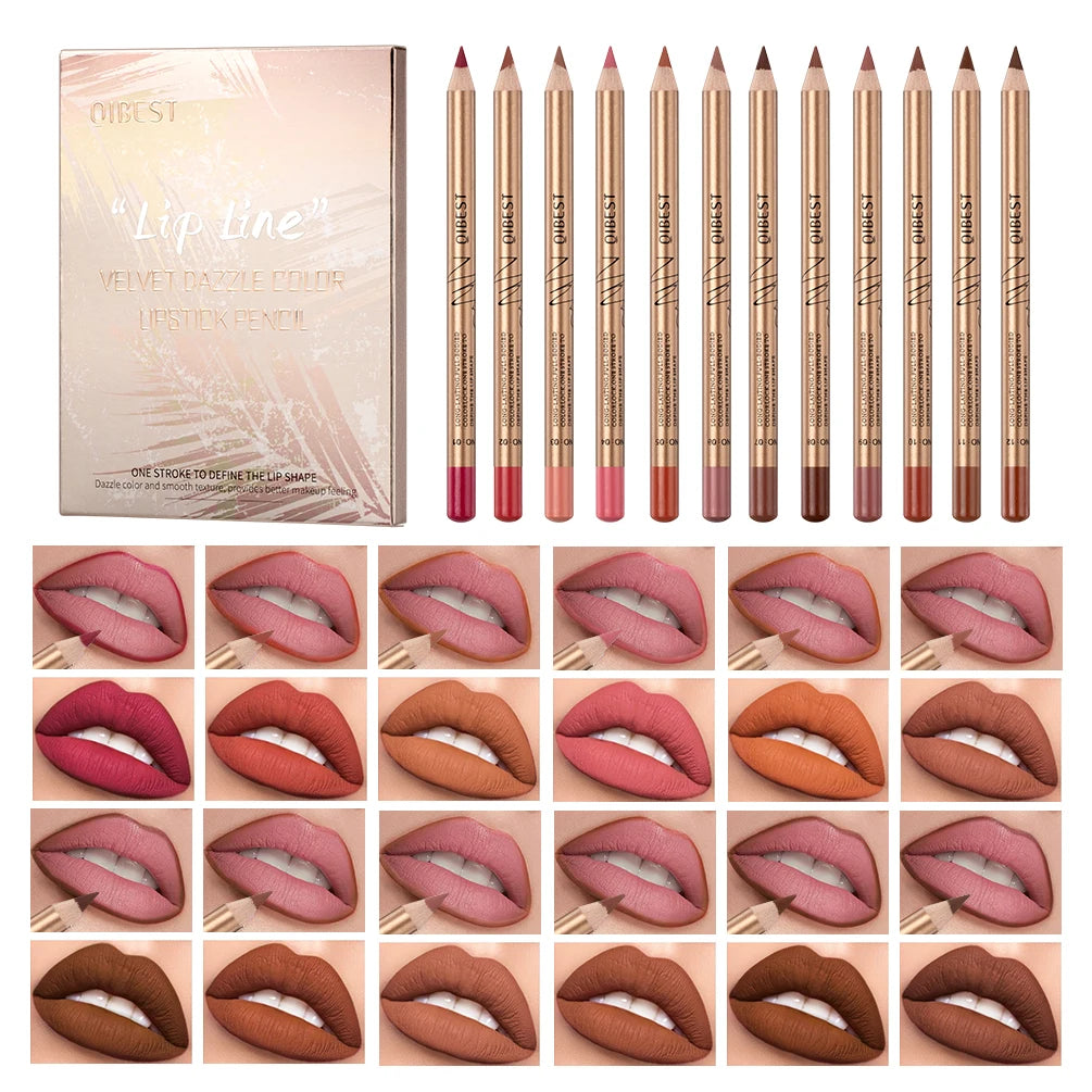 QIBEST Lip Liner Pencil Set 12 Colors Matte Lipstick Pencil Waterproof Non-Stick Lip Tint Long Lasting Lipliner Makeup For Women Qme