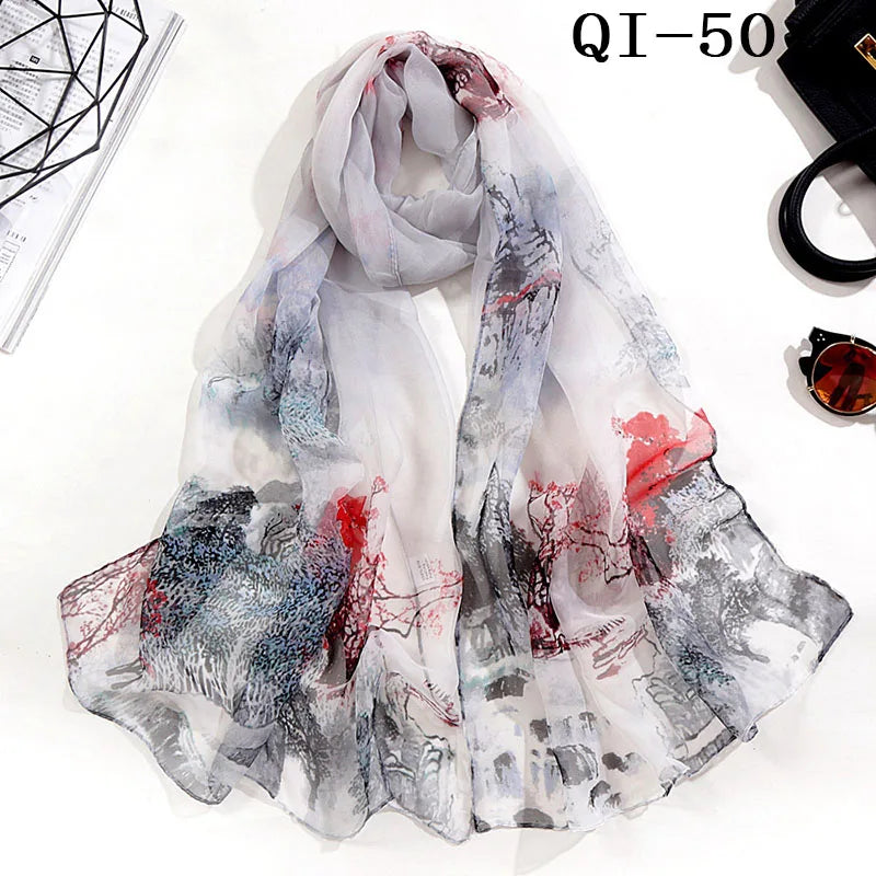 Painting Lotus Beach Sun Protection Chiffon Georgette Scarf Women