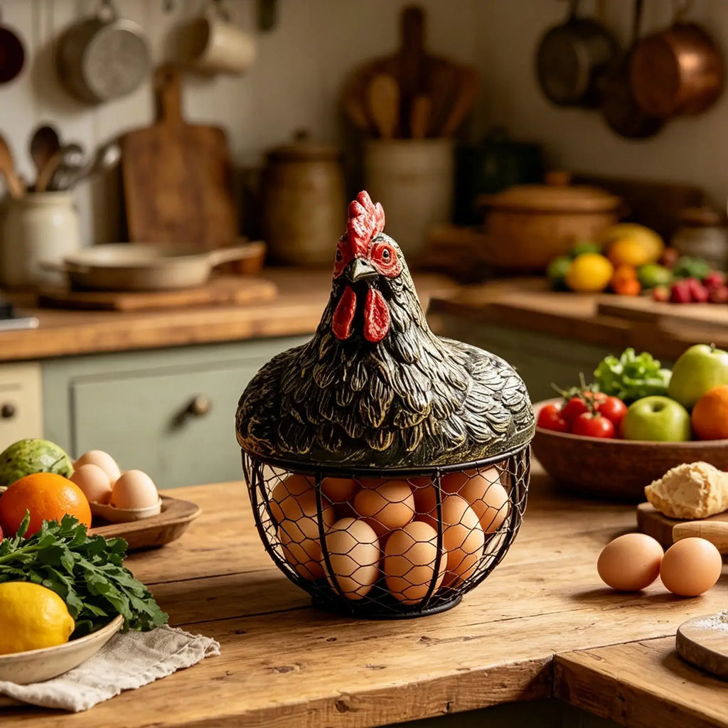 Egg Collecting Basket Chicken Design Lid Organizer Container Portable Round Collectiong Basket For Home Countertop Living Room Qme