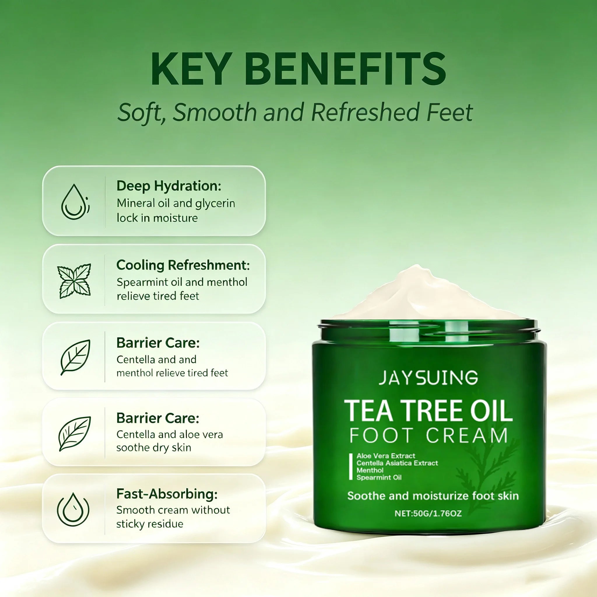 Tea Tree Oil Foot Cream for Dry Cracked Feet Rough Heels Soothing Moisturizing Nourishing Cream Refreshing Non-Greasy Daily Foot Qme