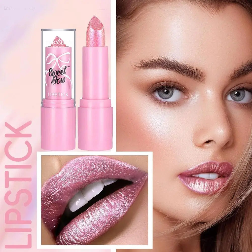 Metallic Pink Glitter Lipstick Long Lasting Shine Diamond Nude Qme