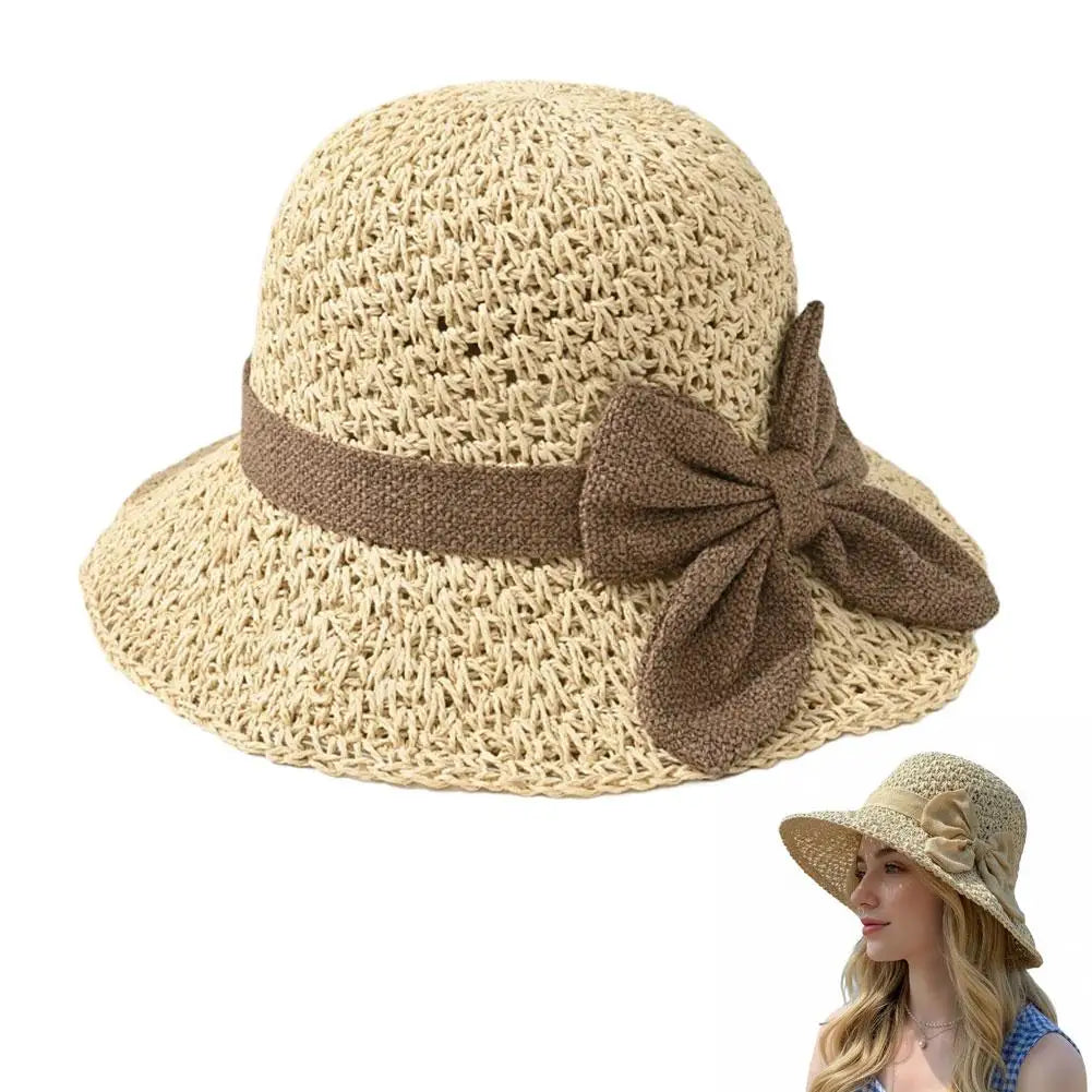 Wide Brim Floppy Beach Sun Hat Hundred Throw Bucket Cap Bowknot Girls Qme Beige