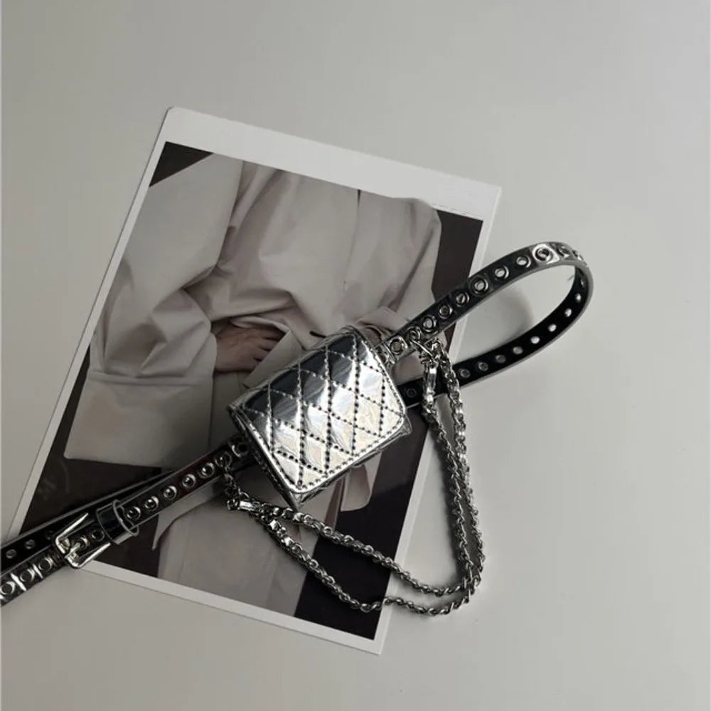 Portable Korean Style Women Waist Bag PU Chain Decorative Belt Waist Bag Purse Retro Women Belt Bag Women Qme Silver