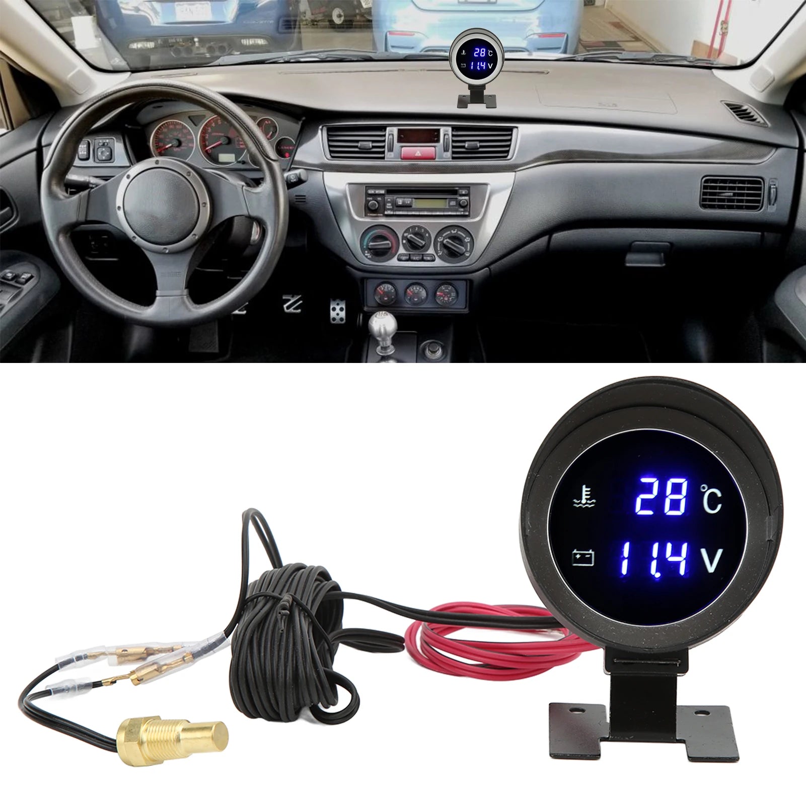 Water Temperature Gauge LED Voltmeter Round Wear Resistant Multifunction High Accuracy for Car for Motorcycle for ATV Qme