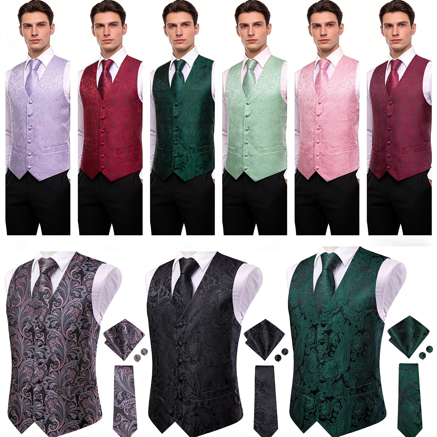 Stylish Color Paisley Waistcoat Set for Men – Single Breasted Vest with Matching Tie Perfect Weddings and Galas Qme