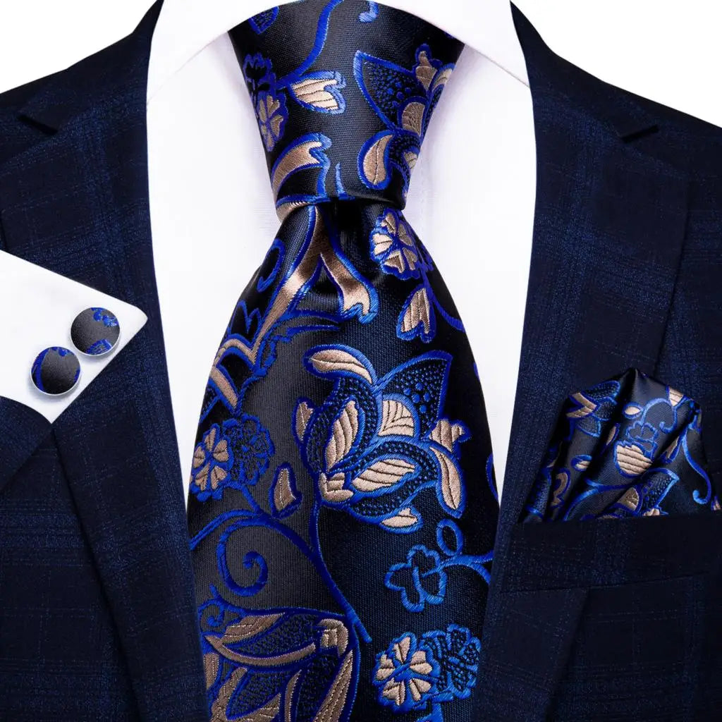 Hi-Tie Navy Blue Floral Striped Silk Elegant Tie For Men Groom Wedding Men Necktie Pocket Square Cufflink Accessory Wholesale Qme N-3336