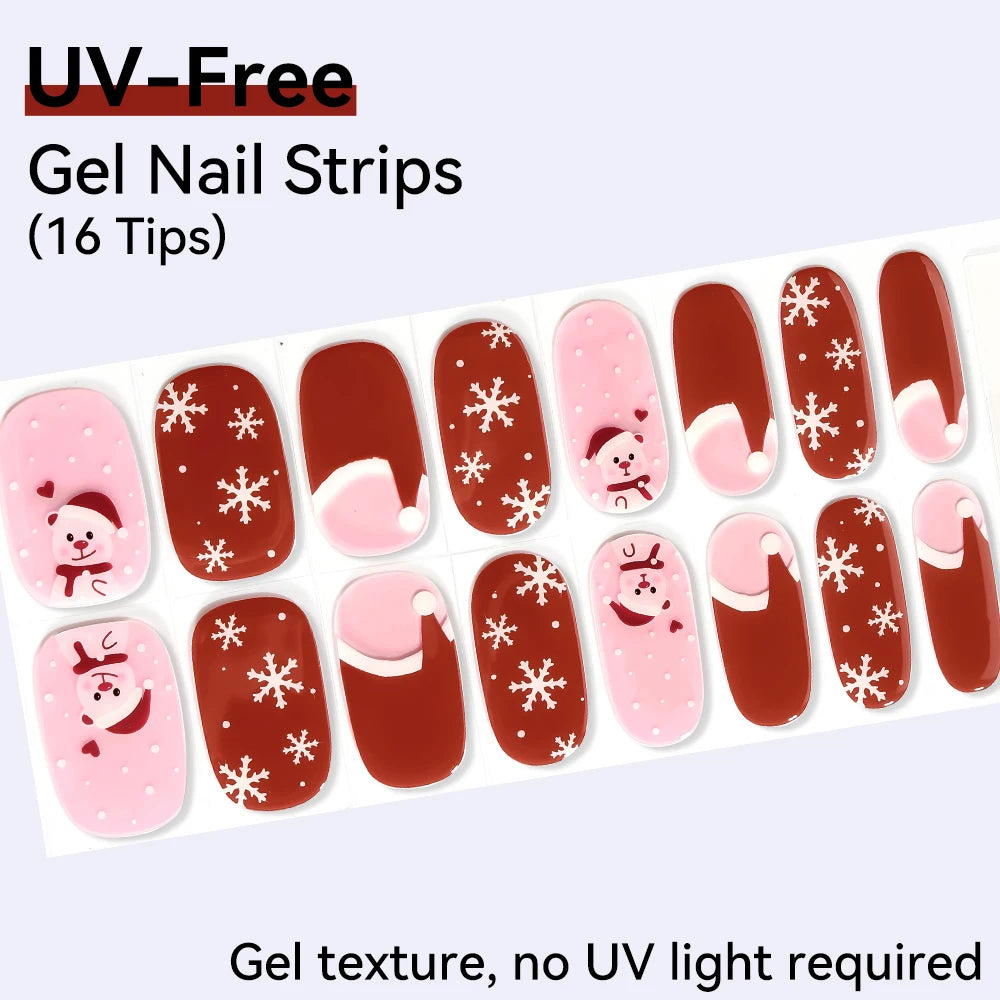 16Tips Pink Red French UV-Free Gel Nail Stickers Sparkly Shinning