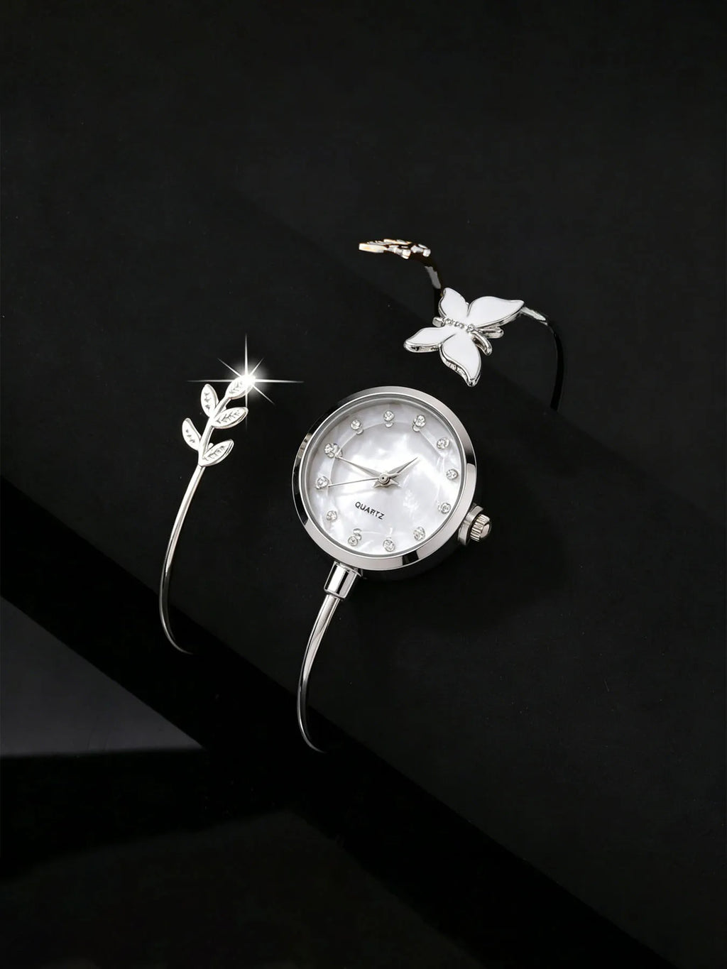 2-piece set of mother of pearl bracelets, butterfly watches, light luxury high-end watches, women's watch set Qme Silver No