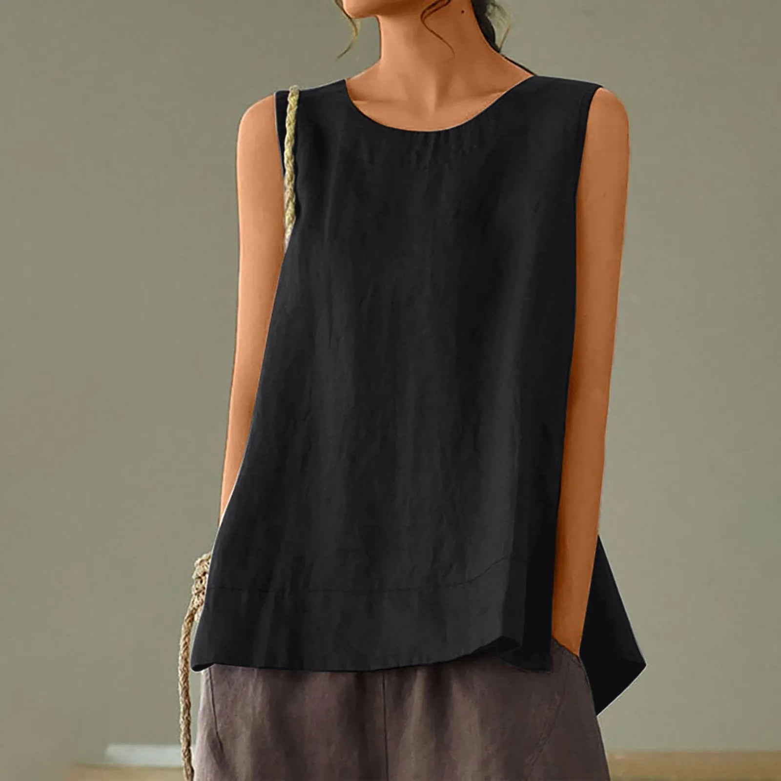 Female Summer Oversized Solid Color Retro Casual Cotton Linen Solid Color Sleeveless Round Neck Soft And Breathable Top Vest Qme Black XXL