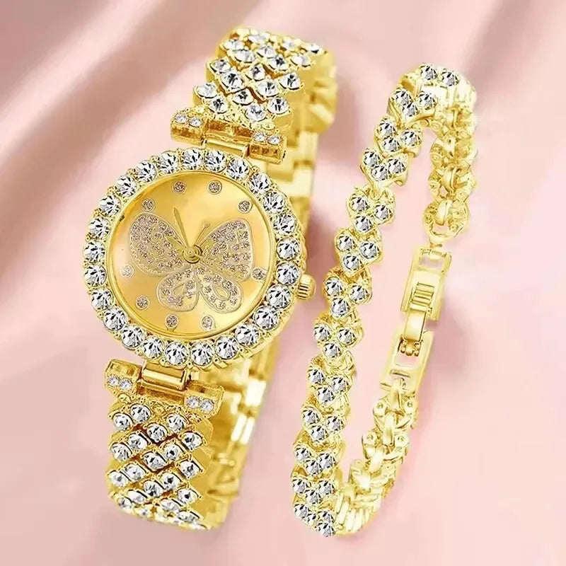2 Pçs/set Moda Borboleta Dial Mulheres Relógios Luxo Strass Quartzo Relógio de Pulso Pulseira Conjunto Qme Golden Set