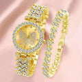 2 Pçs/set Moda Borboleta Dial Mulheres Relógios Luxo Strass Quartzo Relógio de Pulso Pulseira Conjunto Qme Golden Set
