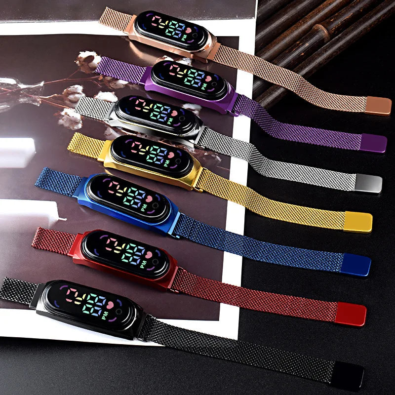New Magnetic LED Electronic Watch, Student Sports Alloy Bracelet, Gift Children's Electronic Watch Qme