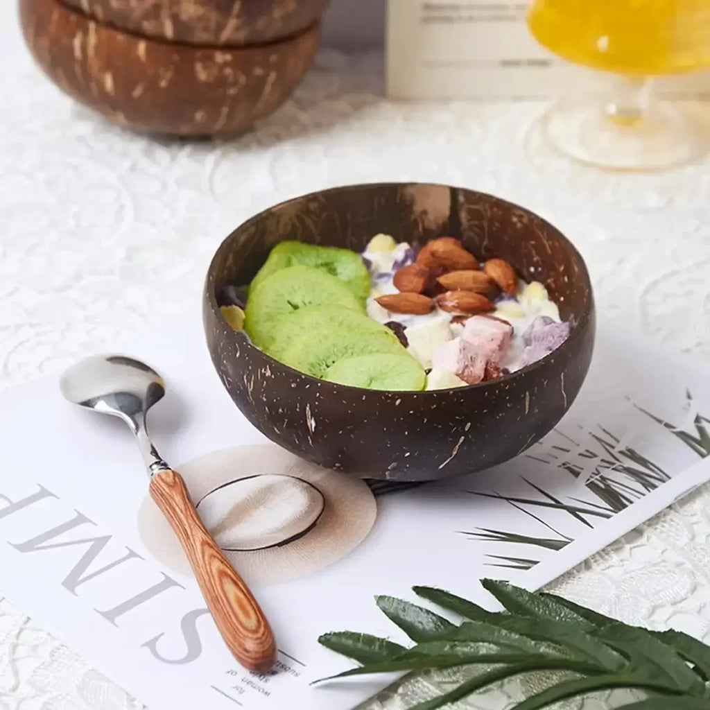 Natural Coconut Shell Bowl with Spoon Yogurt Bowl Wooden Bowl Polished Coconut Bowls Fruit Salad Dessert Wooden Spoon Sets Bow Qme
