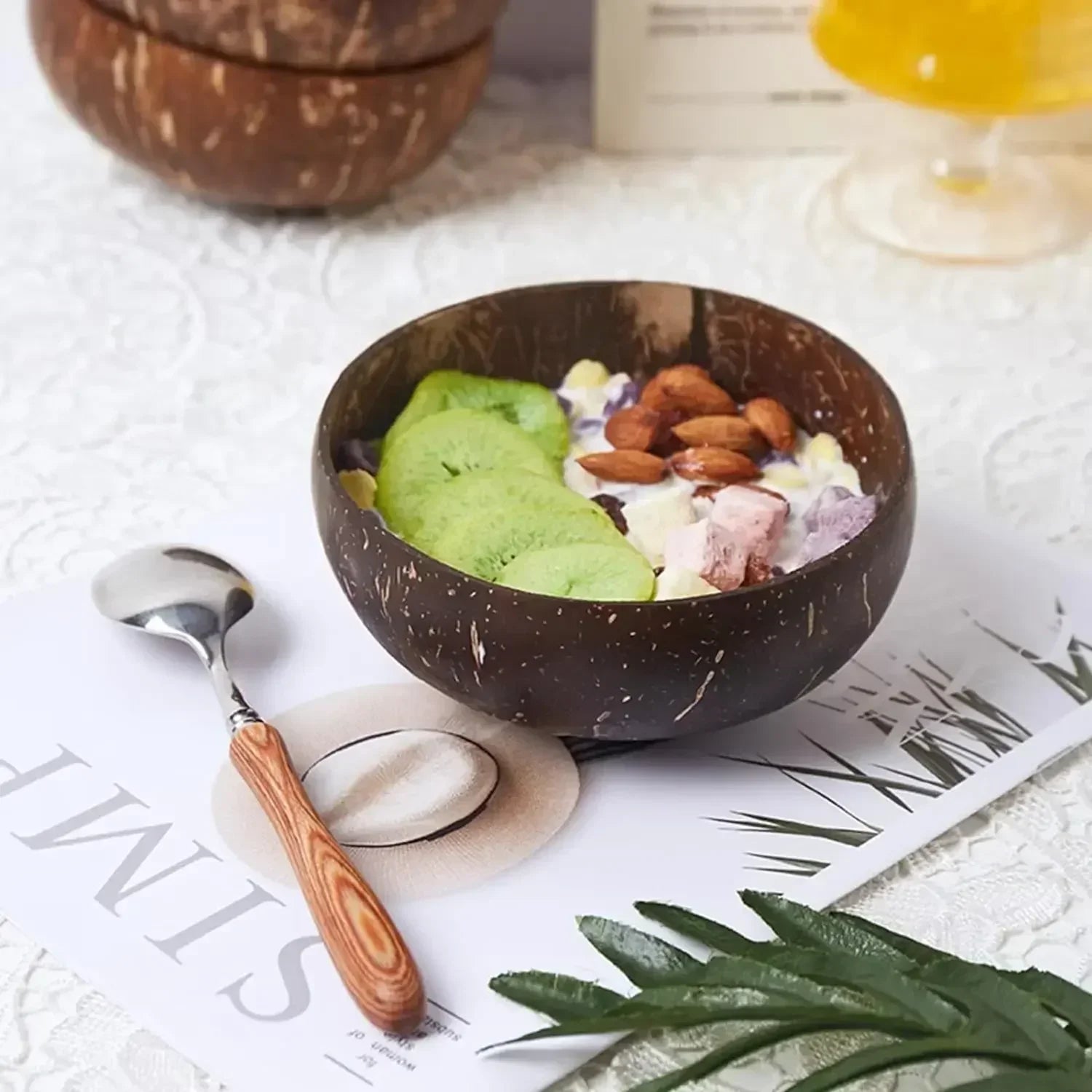 Natural Coconut Shell Bowl with Spoon Yogurt Bowl Wooden Bowl Polished Coconut Bowls Fruit Salad Dessert Wooden Spoon Sets Bow Qme