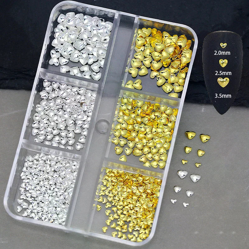 6Grids 3D Metal Heart Nail Art Charms Gold Silver Starlight Rivets Qme