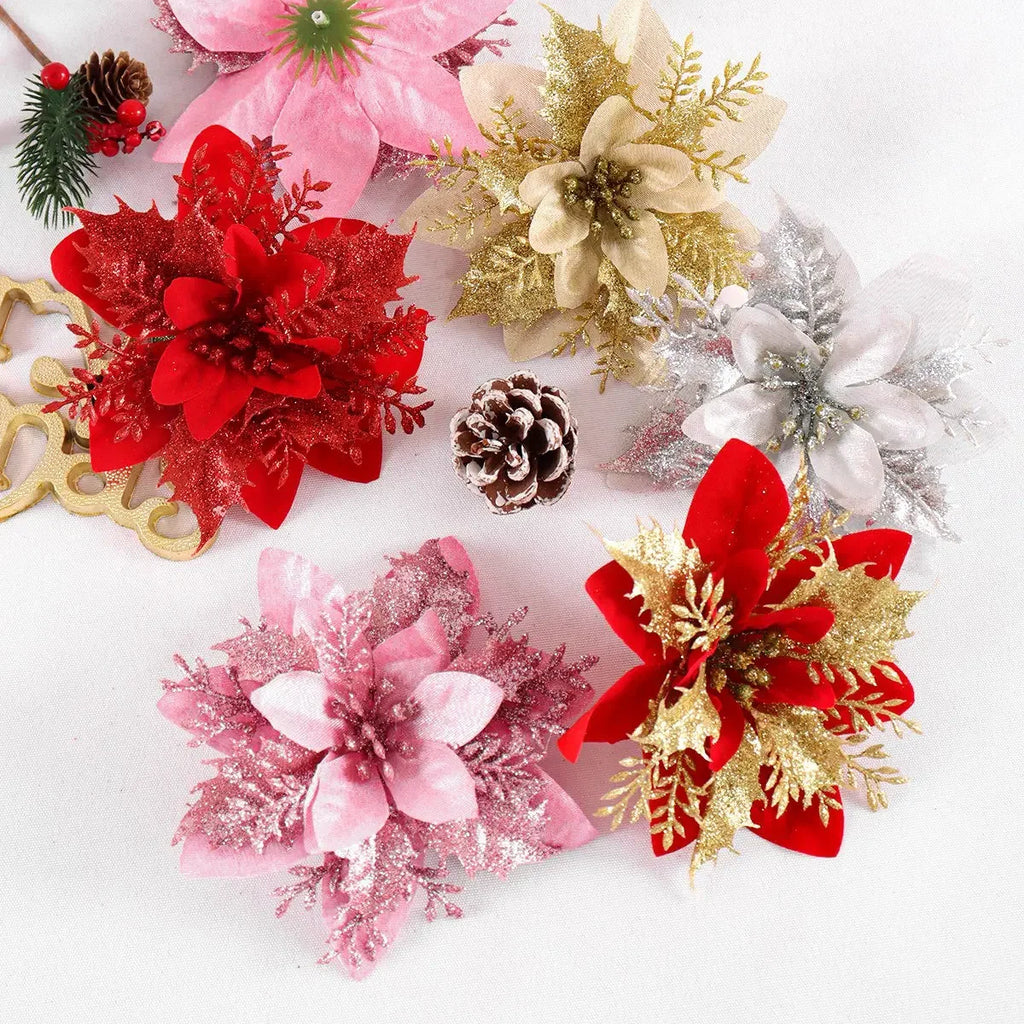 Glitter Christmas Flowers Xmas Tree Ornaments Christmas Decorations for Home 2025 Navidad Noel Natal Gifts New Year 2026 Qme