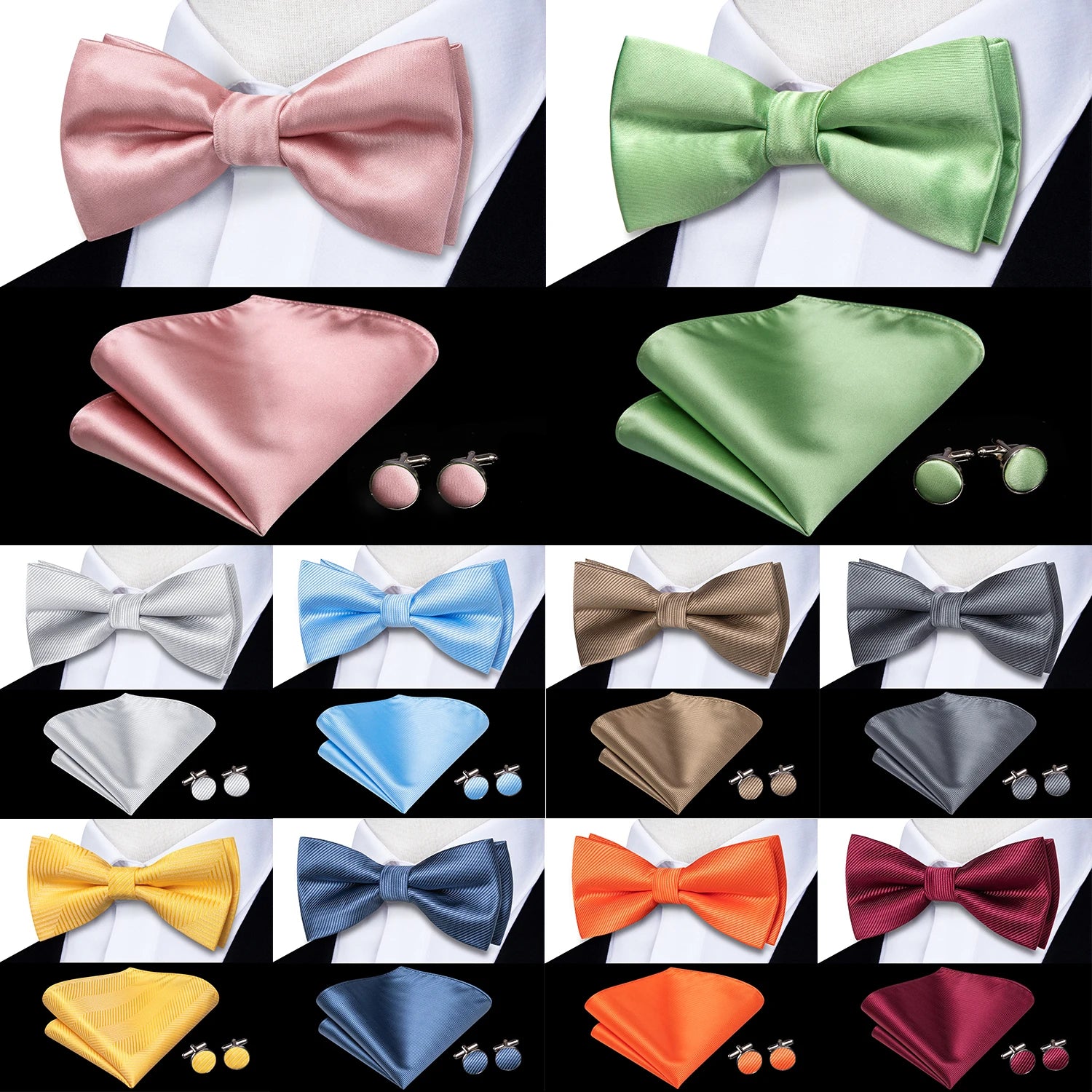 Hi-tie Dusty Pink Silk Mens Solid Sage Green Pre-tied Bow Tie Hanky Qme