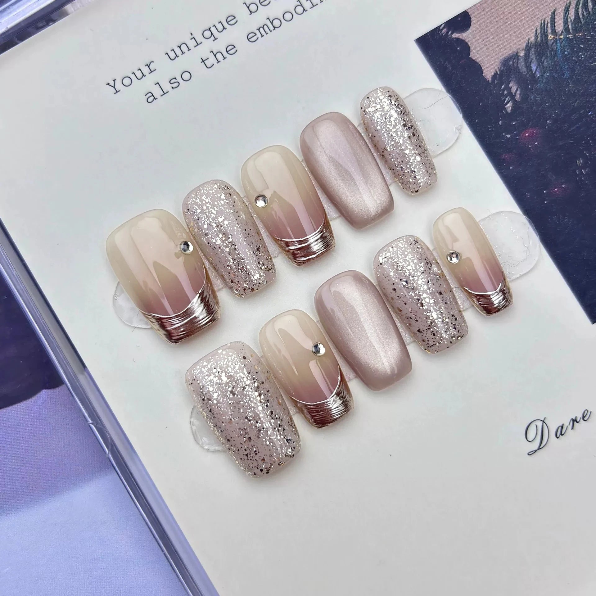 High-end Handmade Diamonds Chic Pink Flower Press Nails Sweet Cat Eye Qme GJ-CDJ-ZB199-S