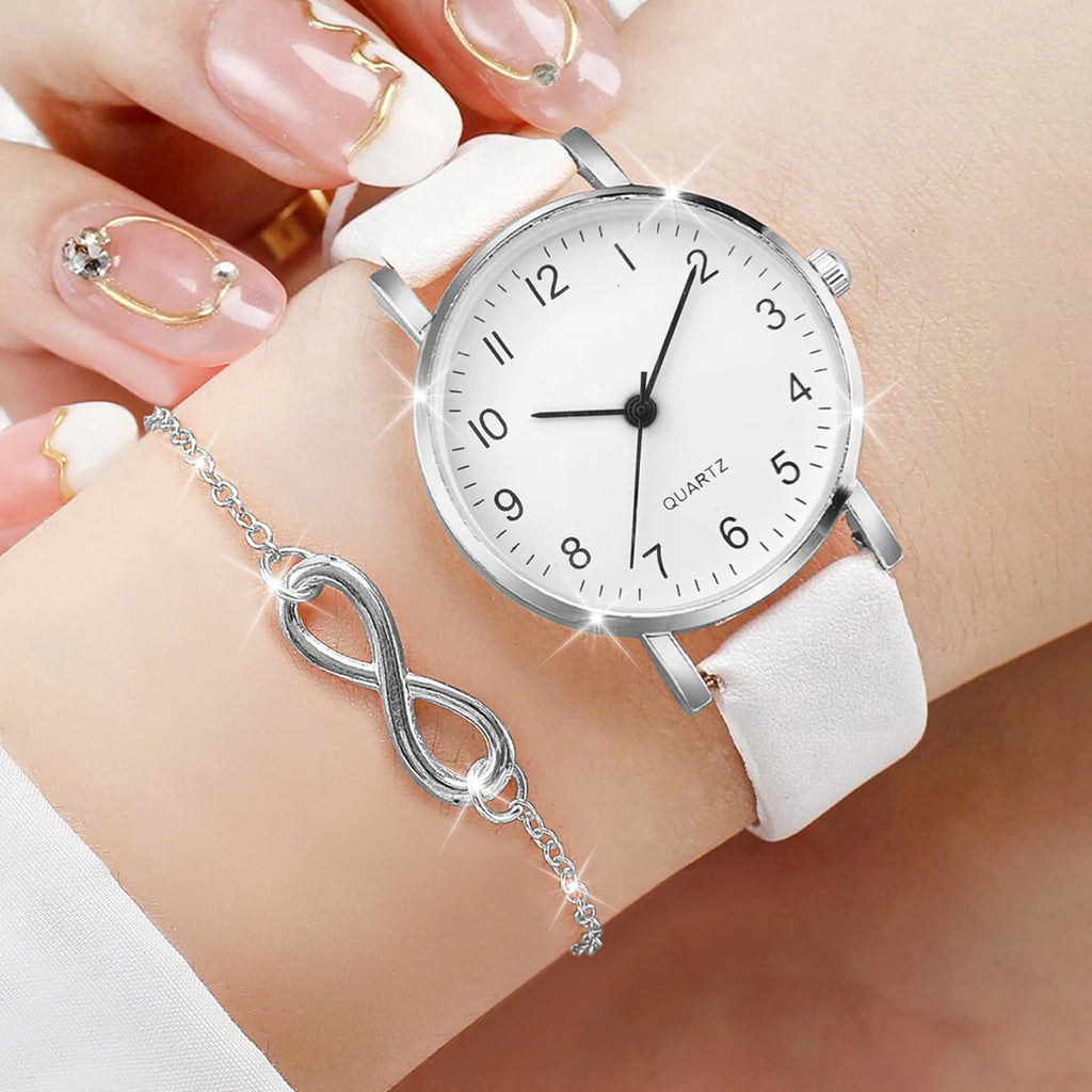 Women's Quartz Watch and Bracelet Set Without Box, Arabic Dial, Leather Bracelet, Fashion Watches, 4 Pieces Per Set Qme WHITE 2