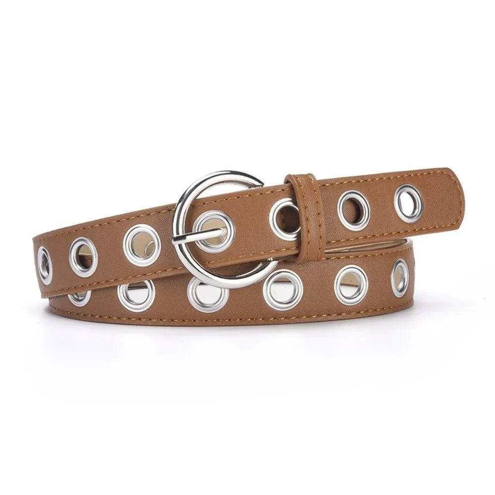 Adjustable Fashion Grommet Belt Durable Parallel Holes Punk Rock Waistband Universal Width Fit Polished Metallic Shine Qme Camel