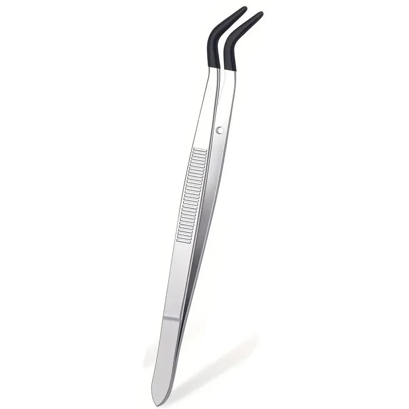 Tweezers Rubber Tips PVC Silicone Coated Non Marring Flat Tip Bent Qme Black A-15.6cm