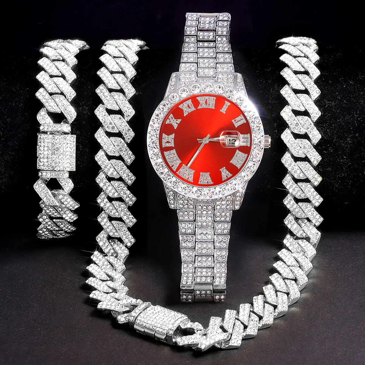 3pcs Men's Silver Watch Set Hip-hop Punk Inlay Diamond Watch+Cuban Chain+Bracelet Comes With Strap Adjuster Stylish Jewelry Gift Qme