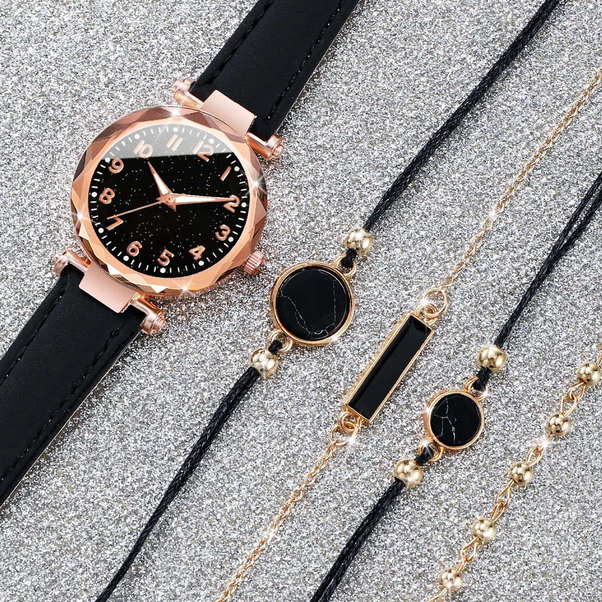 4Pcs Starry Sky Dial Watch Bracelet Set Women Black Leather Quartz Wristwatch Marble Charm Bracelets Jewelry Gift Qme