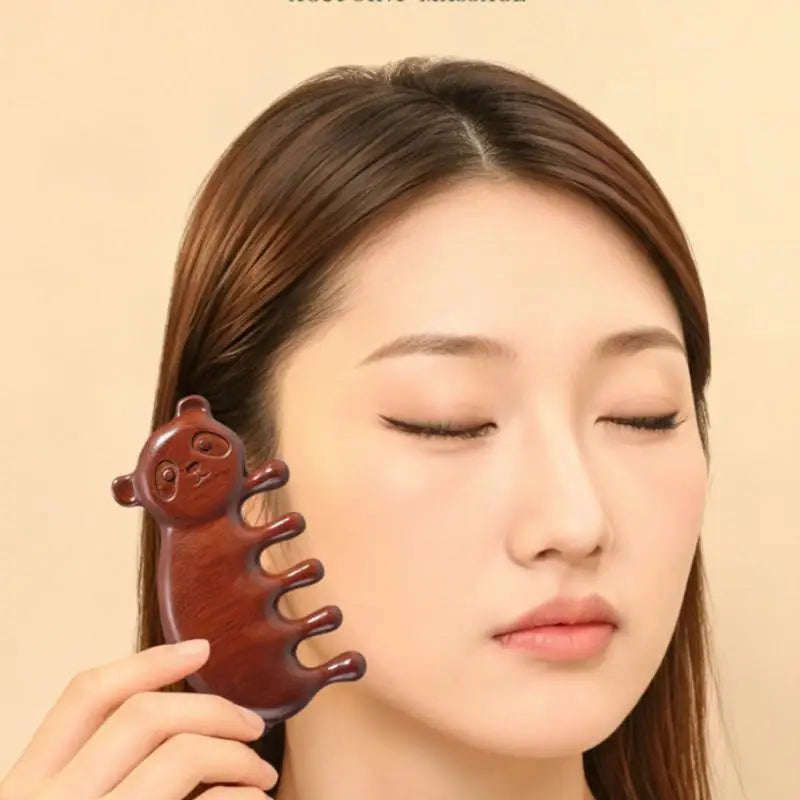 Eco-friendly Sandalwood Massage Comb 5 Tooth Panda Head Scalp Qme