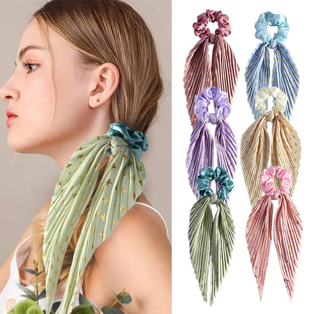 Handmade Pleated Hair Scrunchie with Long Ribbon,Elastic Hair Tie for Girls,Retro Ponytail Hair Rope Fashion Hair Accessories Qme