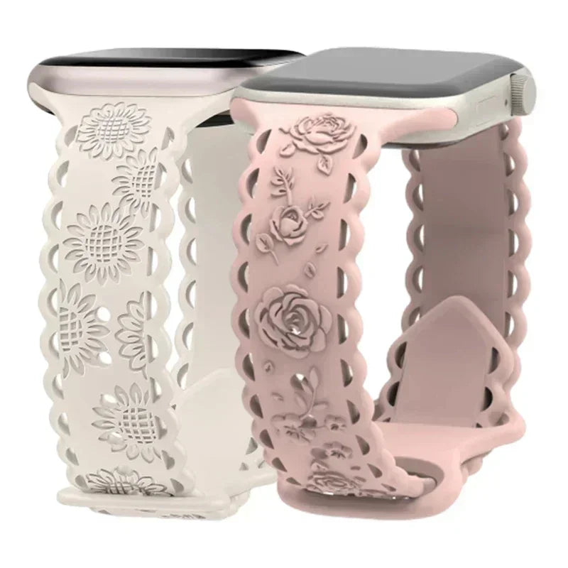 Engraved Floral Strap for Apple Watch Ultra2 49mm 45 44 42 41 40mm 38mm Silicone Band for IWatch Series 9/8/7/6/5/4/3/2/SE Ultra Qme