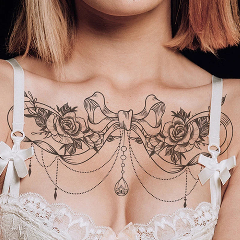 Black Element Sexy Bow Chest Tattoo Sticker Flower Back Abdomen Realistic Temporary Tattoo Sticker Waterproof and Sweatproof Qme