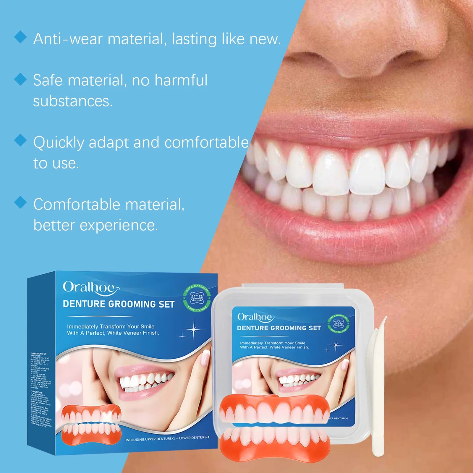 Silicone Dentures Full Set Over Gums Improve Tooth Loss Narrow Gap Perfect Smile False Teeth Kit Upper and Lower Dental Veneers Qme
