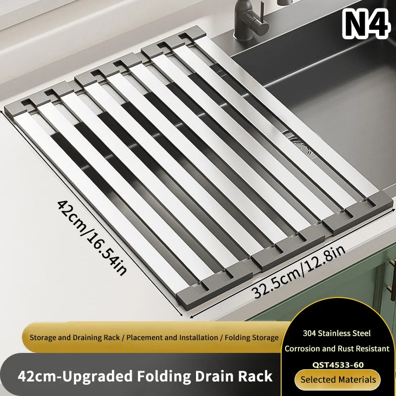 Stainless Steel Kitchen Sink Drain Rack Foldable Dish Drainer Bowl Qme 4