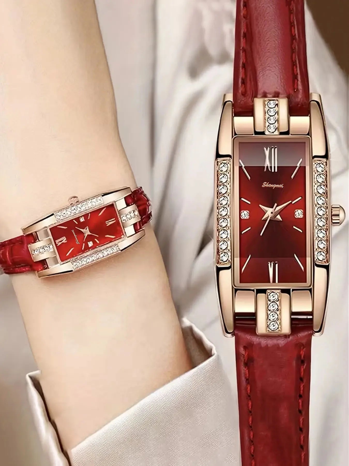 2-piece fashionable casual women's small red watch fashionable versatile diamond studded Roman numeral women's set Qme
