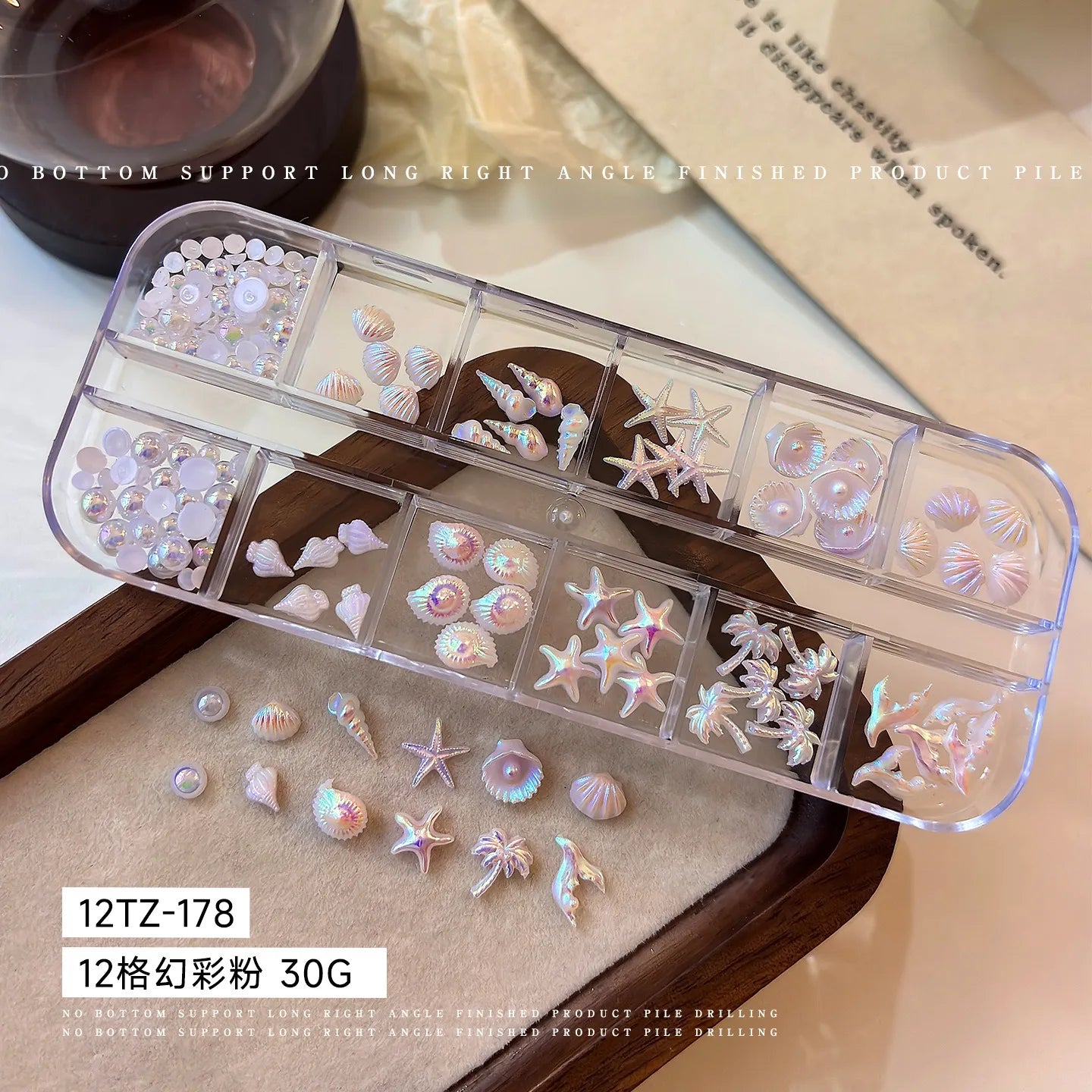 Mixed Aurora Shell Nail Charms Ocean Series Starfish Conch Coconut Tree Resin Nail Art Decorations DIY Manicure Accessories Qme B 12 Grids