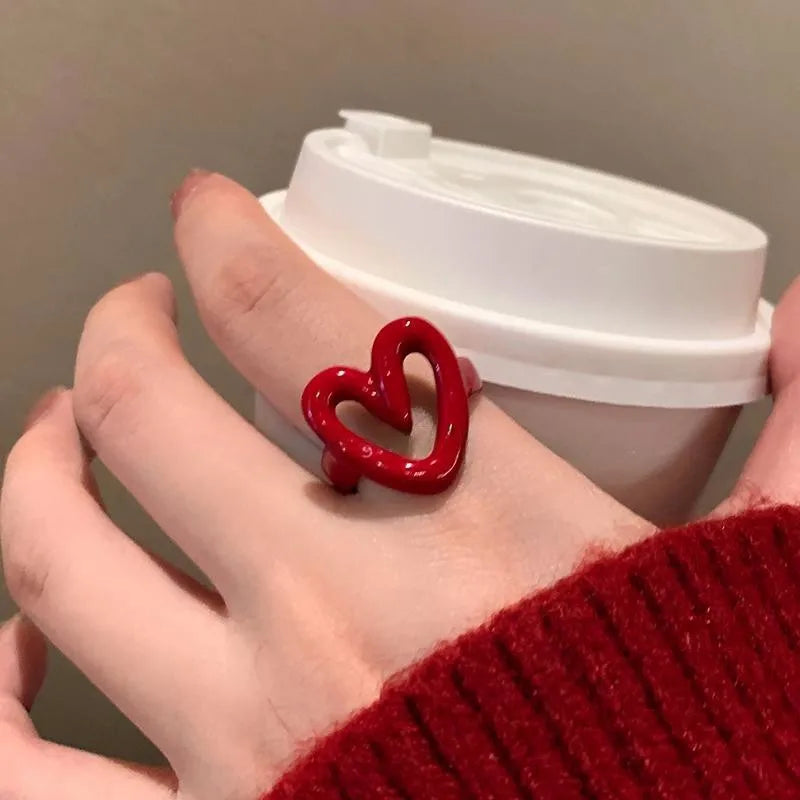 White Red Enamel Heart Sweet Ring Trendy Geometric Dripping Oil for Women Girls Funny Y2K Rings Festive Jewelry Gift Wholesale Qme hong Size 7