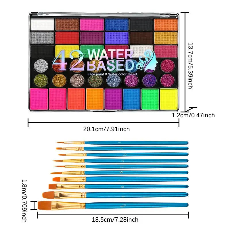 42 Colors Water Based Face Body Paint 10 Brushes Safe Non-toxic Qme 10 bush
