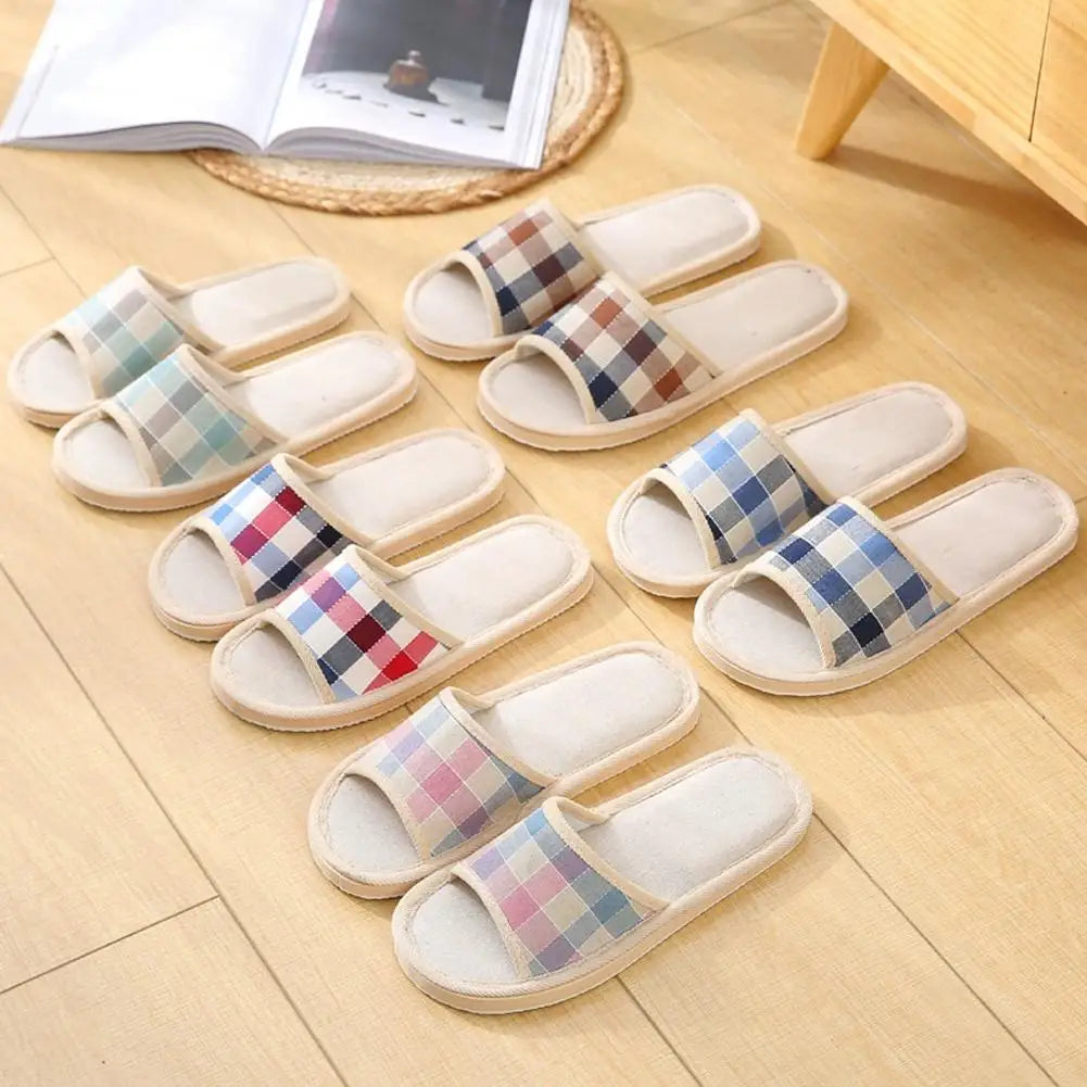 Women's Linen Slippers Indoor Home Use Non-slip Summer Bedroom Open-toe Flat Shoes Home Floor Couples Men Breathable Slides Qme