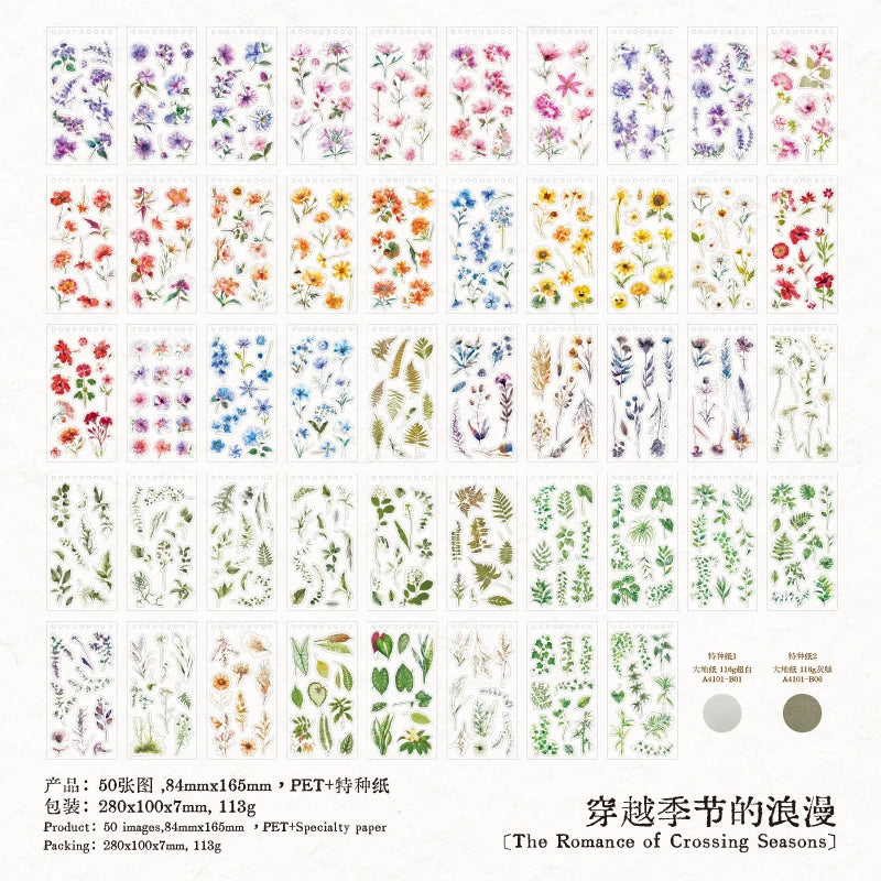 50 Sheets Vintage Flower PET Sticker Book DIY Diary Sticker Decoration Plant INS Album Scrapbooking Kawaii Stationery Stickers Qme B2
