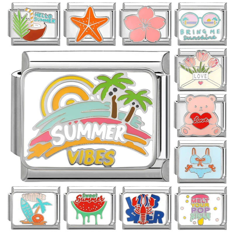 2026 Colour Glaze Red Love Heart Bear Bikini Coconut tree Italian Charm Links Fit 9mm Stainless Steel Bracelet DIY Making Gifts Qme