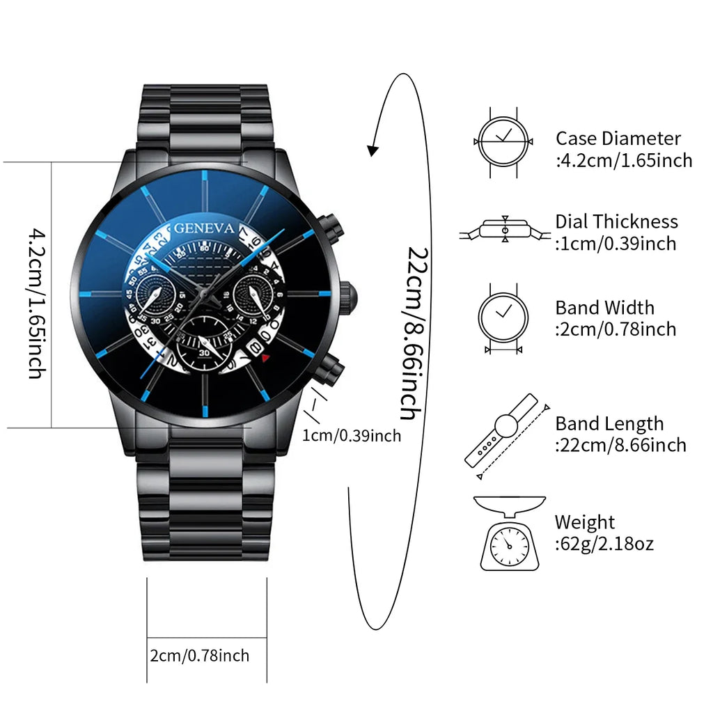 Relógio de quartzo com pulseira de aço masculino conjunto de joias pretas sem caixa, business, 4 pçs/set Qme