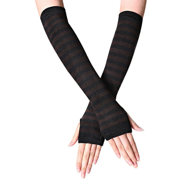 Women Fashion Lady Striped Elbow Gloves Warmer Knitted Long Qme SB814 Length -32cm