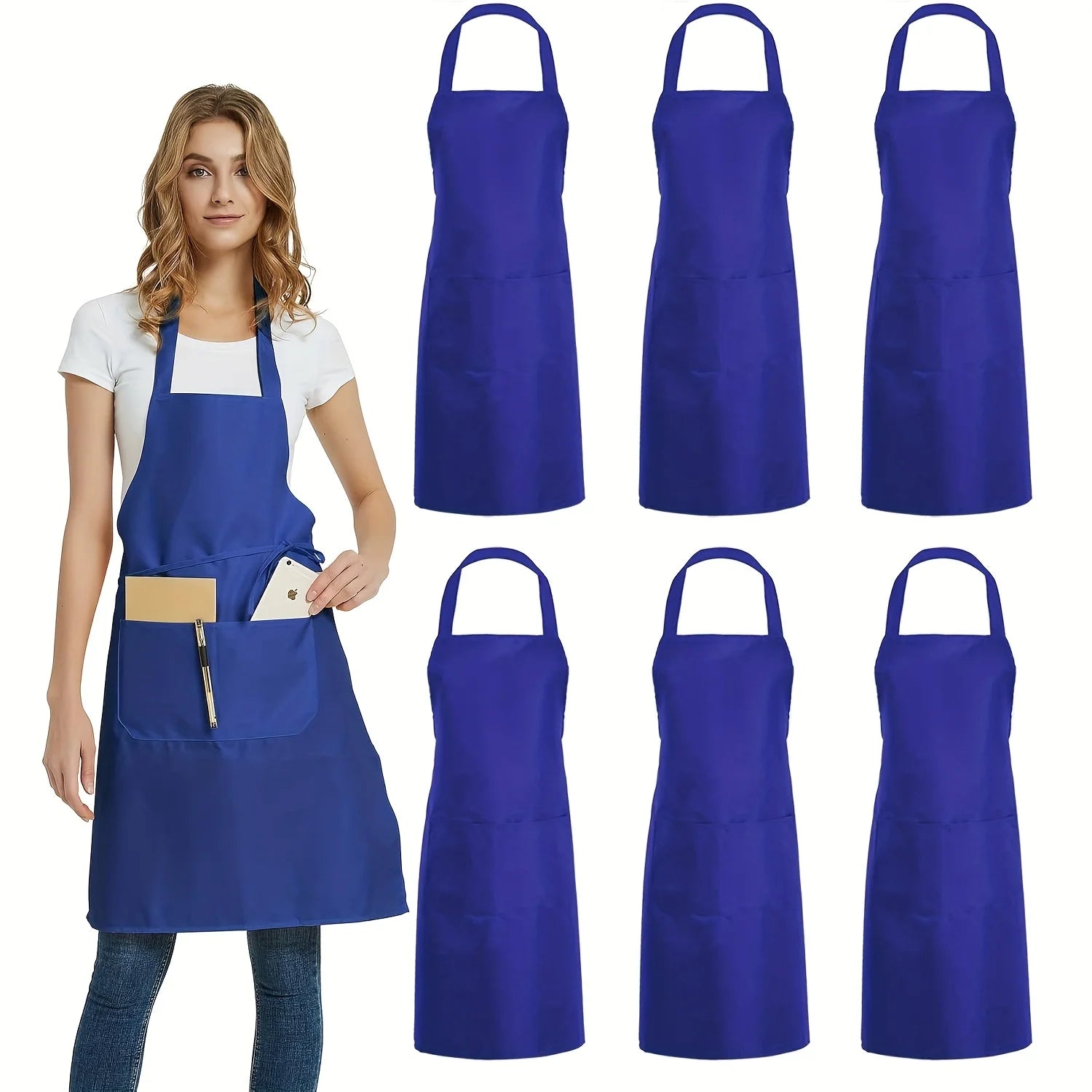 4pcs Adjustable Canvas Aprons with Pockets Comfort Fit for Cooking Chefs Waiters BBQs Hairdressers Easy Clean Qme Blue 6pcs OneSize
