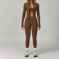A 2/3PCS Yoga Suit Sports Set Gym Set Women Tracksuit Workout Clothes Long Sleeve Sports Bra Athletic Wear Yoga Clothing Qme 3pcs dark coffee M