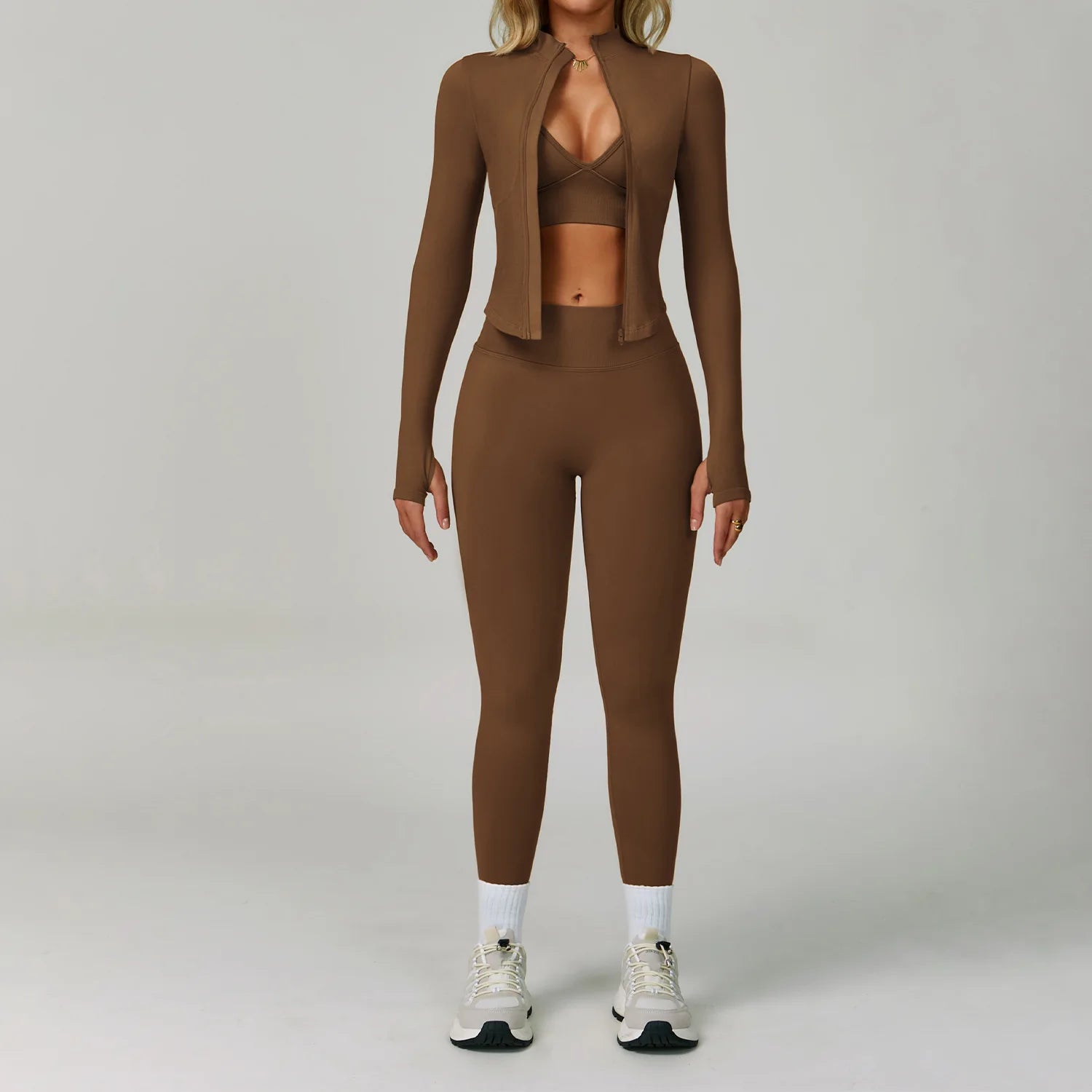 A 2/3PCS Yoga Suit Sports Set Gym Set Women Tracksuit Workout Clothes Long Sleeve Sports Bra Athletic Wear Yoga Clothing Qme 3pcs dark coffee M
