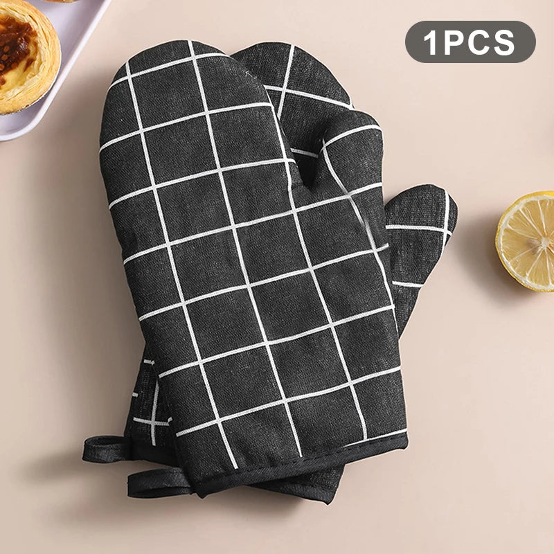 Oven Baking Gloves Mitts Microwave High-temperature Resistant Cotton Qme Black