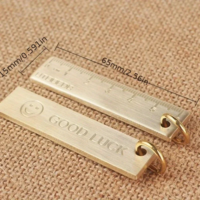 1pc Thickened Miniature 2.36inch Pure Brass Metal Ruler With Keychain And Number Plate Pendant Happy Face Design Qme